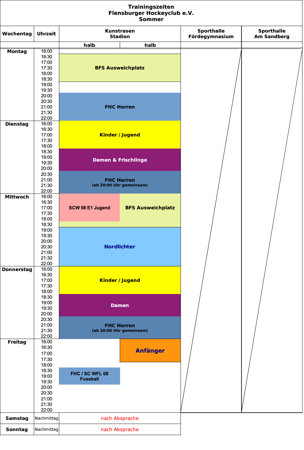 Trainingszeiten Sommer